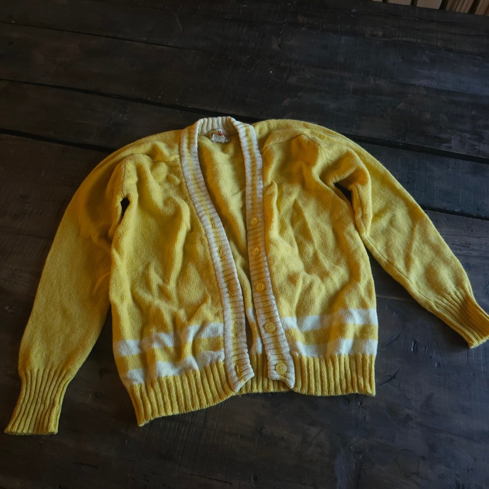 Vintage Miss Holly Yellow Wool Cardigan Sweater Striped V-Neck Japan 1970s 1960s - Picture 2 of 12